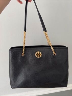 Tory Burch Black Leather Tote with Gold Chain Straps
